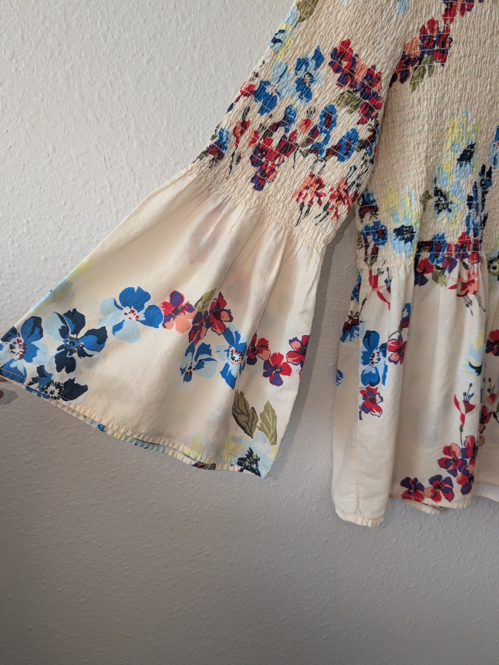 Jane and Delancey Cream Floral Smocked Peasant Top with Blue & Red Accents - Picture 2 of 4